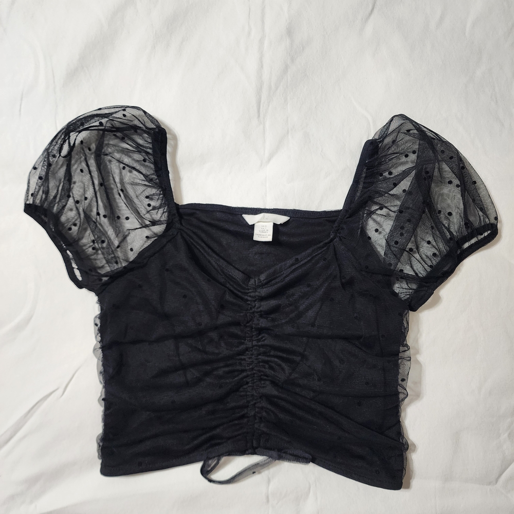 H&M Black Ruched Blouse with Sheer Puff Sleeves